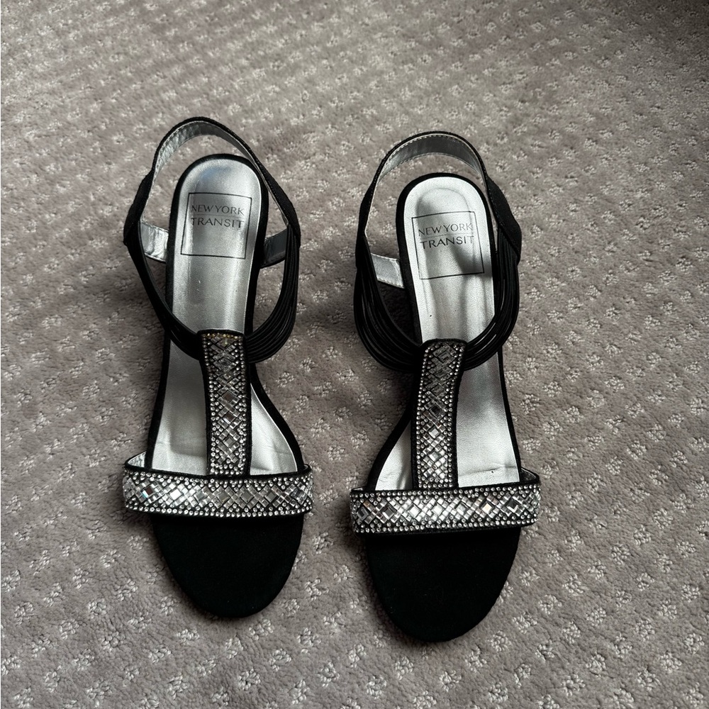 New York Transit Black and Silver Rhinestone Wedges - Picture 3 of 7
